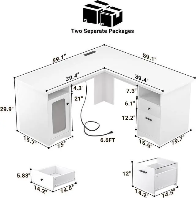 Alt view image 3 of 7 - L Shaped Computer Desk with Drawer, 60 Inch Office Desk with Power Outlets and USB Ports, Large L Shape Corner Desks with File Cabinet, 2 Person Home Office Table with Storages, Pure White