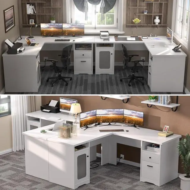 Alt view image 4 of 7 - L Shaped Computer Desk with Drawer, 60 Inch Office Desk with Power Outlets and USB Ports, Large L Shape Corner Desks with File Cabinet, 2 Person Home Office Table with Storages, Pure White