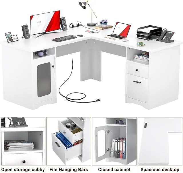 Alt view image 6 of 7 - L Shaped Computer Desk with Drawer, 60 Inch Office Desk with Power Outlets and USB Ports, Large L Shape Corner Desks with File Cabinet, 2 Person Home Office Table with Storages, Pure White
