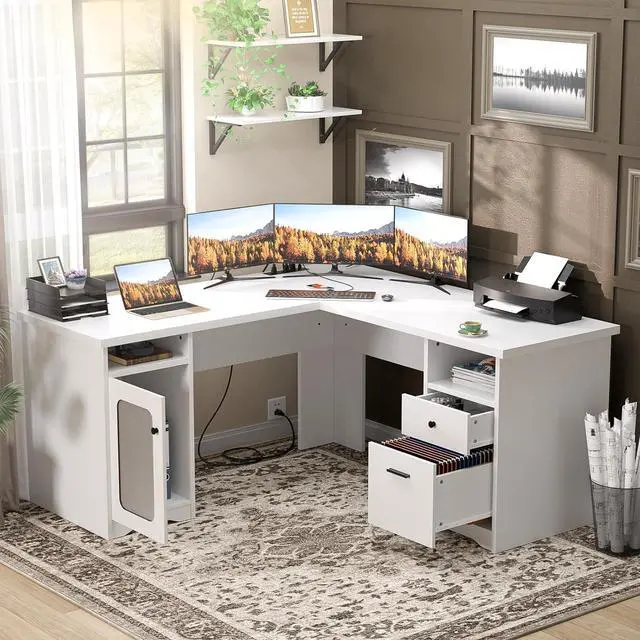Alt view image 7 of 7 - L Shaped Computer Desk with Drawer, 60 Inch Office Desk with Power Outlets and USB Ports, Large L Shape Corner Desks with File Cabinet, 2 Person Home Office Table with Storages, Pure White