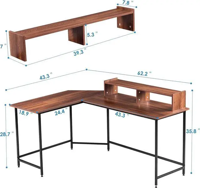 Alt view image 3 of 7 - L-Shaped Computer Office Desk, Modern Gaming Corner Desk with Monitor Stand, Home Office Study Writing Table Workstation for Small Ses 6404 (Brown)