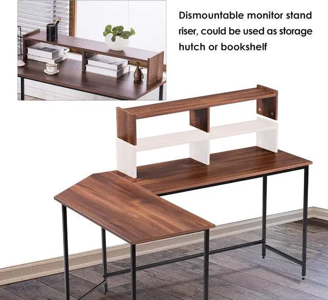 Alt view image 5 of 7 - L-Shaped Computer Office Desk, Modern Gaming Corner Desk with Monitor Stand, Home Office Study Writing Table Workstation for Small Ses 6404 (Brown)