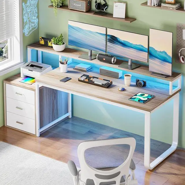 Main image of 67" Computer Desk with 3 Drawers, Home Office Desk with Long Monitor Stand and Printer Se, Office Desk with Storage & LED Lights, Writing Desk with Drawers, Walnut and White