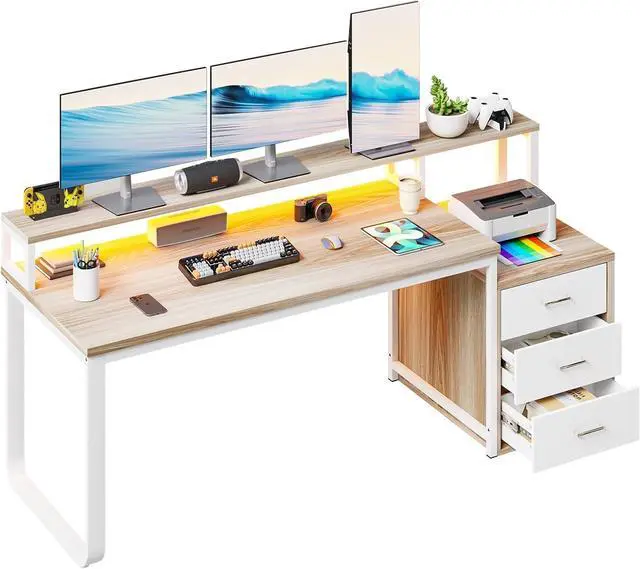 Alt view image 6 of 7 - 67" Computer Desk with 3 Drawers, Home Office Desk with Long Monitor Stand and Printer Se, Office Desk with Storage & LED Lights, Writing Desk with Drawers, Walnut and White