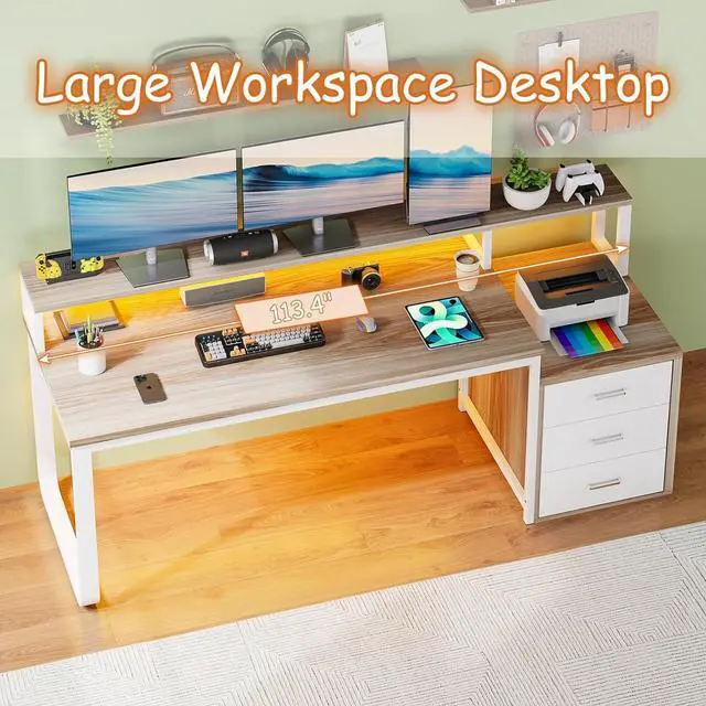 Alt view image 5 of 7 - 67" Computer Desk with 3 Drawers, Home Office Desk with Long Monitor Stand and Printer Se, Office Desk with Storage & LED Lights, Writing Desk with Drawers, Walnut and White