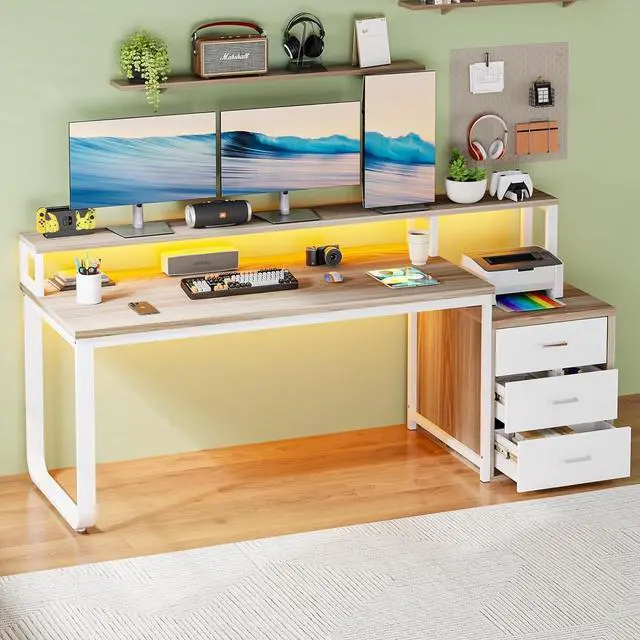 Alt view image 7 of 7 - 67" Computer Desk with 3 Drawers, Home Office Desk with Long Monitor Stand and Printer Se, Office Desk with Storage & LED Lights, Writing Desk with Drawers, Walnut and White