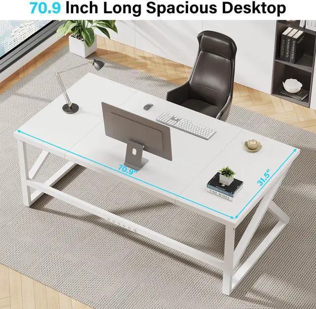 Alt view image 3 of 7 - IBF Large White Desk, Wooden and Metal 70 Inch Computer Desk, Modern Extra Long Double Desks for Home Office Executive Writing Study Gaming, Farmhouse 2 Person PC Laptop Table in Bedroom Living Room