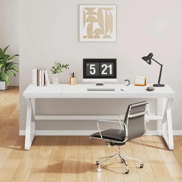 Alt view image 5 of 7 - IBF Large White Desk, Wooden and Metal 70 Inch Computer Desk, Modern Extra Long Double Desks for Home Office Executive Writing Study Gaming, Farmhouse 2 Person PC Laptop Table in Bedroom Living Room