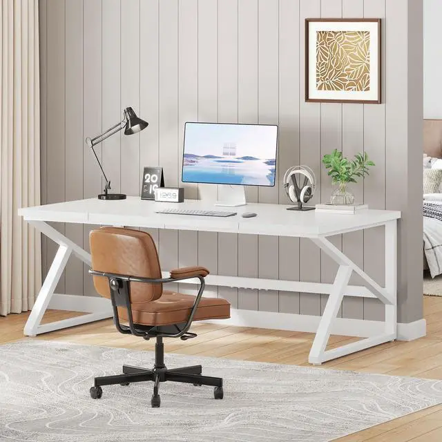 Alt view image 4 of 7 - IBF Large White Desk, Wooden and Metal 70 Inch Computer Desk, Modern Extra Long Double Desks for Home Office Executive Writing Study Gaming, Farmhouse 2 Person PC Laptop Table in Bedroom Living Room