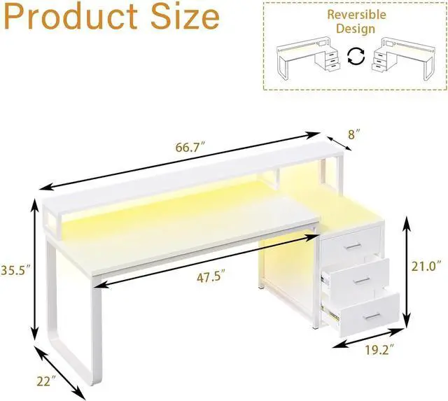 Alt view image 2 of 7 - 67" Computer Desk with 3 Drawers, Home Office Desk with Long Monitor Stand and Printer Se, Office Desk with Storage & LED Lights, Writing Desk with Drawers, White