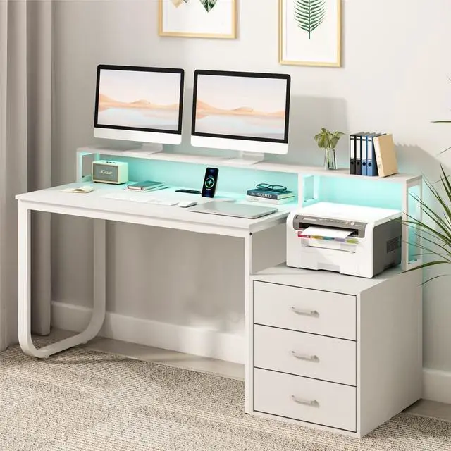 Alt view image 3 of 7 - 67" Computer Desk with 3 Drawers, Home Office Desk with Long Monitor Stand and Printer Se, Office Desk with Storage & LED Lights, Writing Desk with Drawers, White