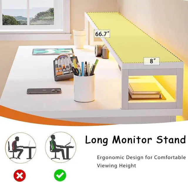 Alt view image 7 of 7 - 67" Computer Desk with 3 Drawers, Home Office Desk with Long Monitor Stand and Printer Se, Office Desk with Storage & LED Lights, Writing Desk with Drawers, White