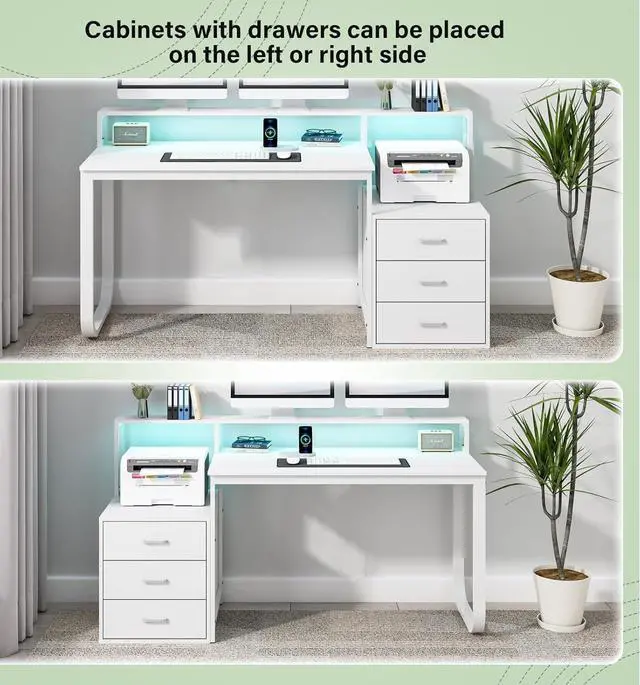 Alt view image 4 of 7 - 67" Computer Desk with 3 Drawers, Home Office Desk with Long Monitor Stand and Printer Se, Office Desk with Storage & LED Lights, Writing Desk with Drawers, White