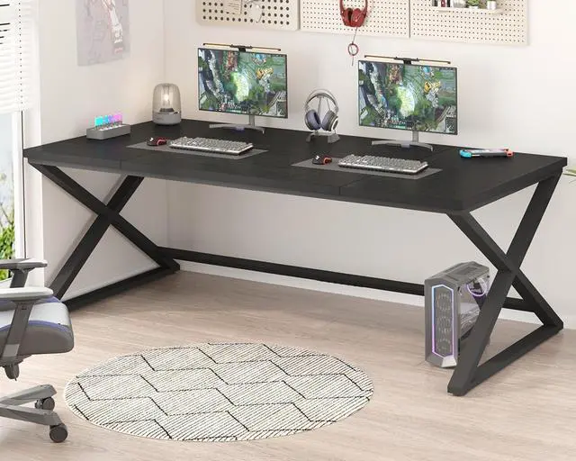 Alt view image 6 of 7 - Black Desk, Large Home Office Work Desk, 78.7 Long Computer Desks, Simple Wide Study Writing Desk, Wood Metal Double PC Executive Workstation Gaming Desk Computer Table for Bedroom, Black Oak