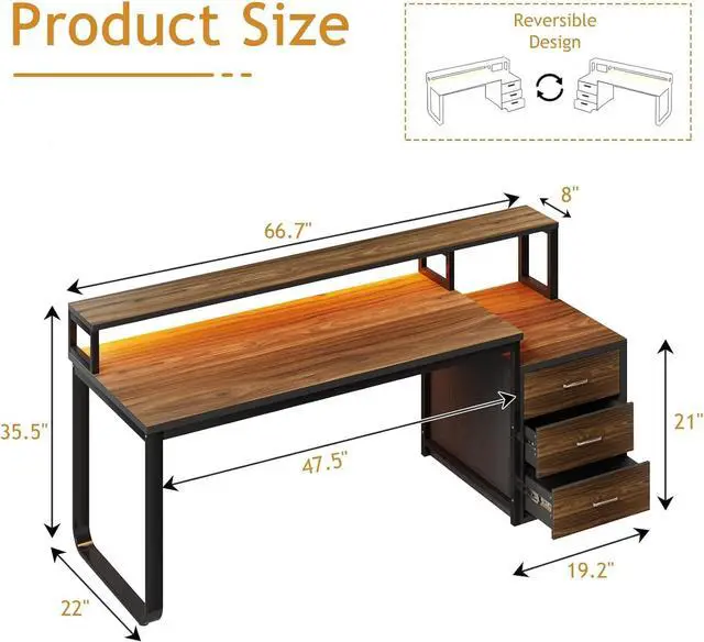 Alt view image 2 of 7 - 67" Computer Desk with 3 Drawers, Home Office Desk with Long Monitor Stand and Printer Se, Office Desk with Storage & LED Lights, Writing Desk with Drawers, Black and Walnut