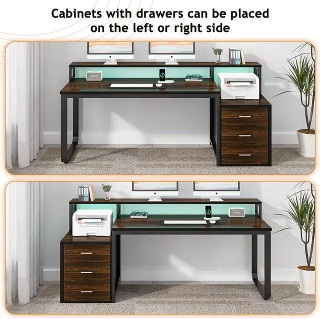 Alt view image 5 of 7 - 67" Computer Desk with 3 Drawers, Home Office Desk with Long Monitor Stand and Printer Se, Office Desk with Storage & LED Lights, Writing Desk with Drawers, Black and Walnut