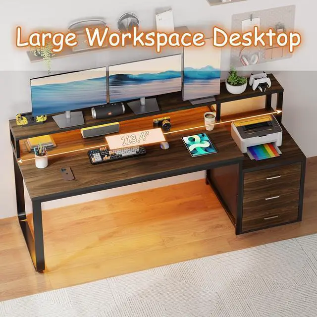 Alt view image 6 of 7 - 67" Computer Desk with 3 Drawers, Home Office Desk with Long Monitor Stand and Printer Se, Office Desk with Storage & LED Lights, Writing Desk with Drawers, Black and Walnut