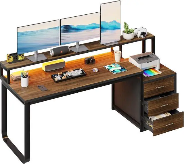 Alt view image 7 of 7 - 67" Computer Desk with 3 Drawers, Home Office Desk with Long Monitor Stand and Printer Se, Office Desk with Storage & LED Lights, Writing Desk with Drawers, Black and Walnut