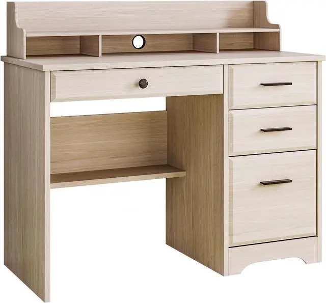 Alt view image 5 of 7 - Small Desk with Drawers, Computer Desk with File Cabinet & Monitor Stand for Home Office, Wood Writing Study Office Desks for Bedroom, Off White