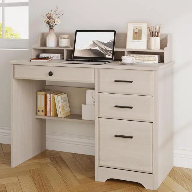Alt view image 6 of 7 - Small Desk with Drawers, Computer Desk with File Cabinet & Monitor Stand for Home Office, Wood Writing Study Office Desks for Bedroom, Off White