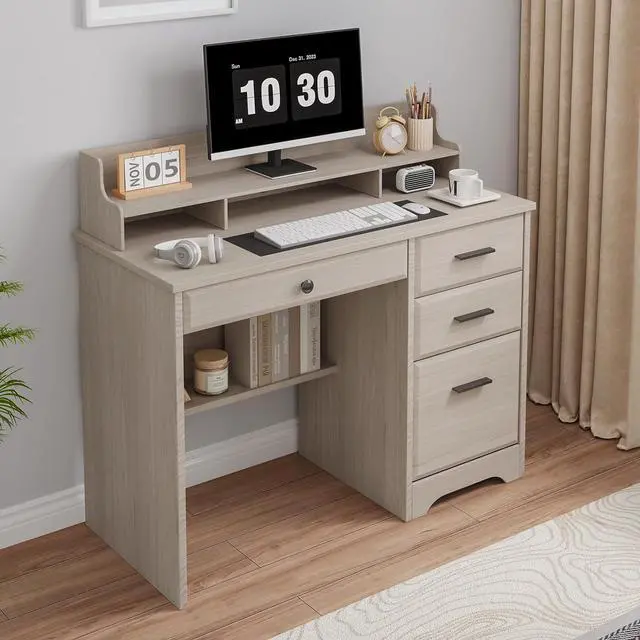 Alt view image 7 of 7 - Small Desk with Drawers, Computer Desk with File Cabinet & Monitor Stand for Home Office, Wood Writing Study Office Desks for Bedroom, Off White