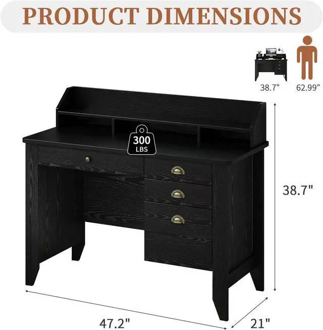 Alt view image 2 of 7 - Black Desk with Drawers, Small Computer Desk with File Drawer & Hutch for Small Ses, Home Office Desks Writing Study Table with Monitor Stand, Black