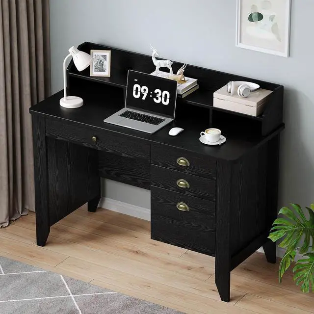 Alt view image 4 of 7 - Black Desk with Drawers, Small Computer Desk with File Drawer & Hutch for Small Ses, Home Office Desks Writing Study Table with Monitor Stand, Black