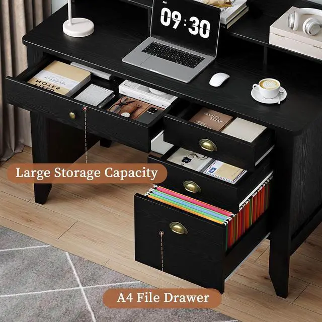 Alt view image 5 of 7 - Black Desk with Drawers, Small Computer Desk with File Drawer & Hutch for Small Ses, Home Office Desks Writing Study Table with Monitor Stand, Black