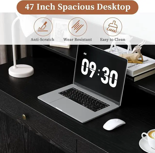 Alt view image 6 of 7 - Black Desk with Drawers, Small Computer Desk with File Drawer & Hutch for Small Ses, Home Office Desks Writing Study Table with Monitor Stand, Black