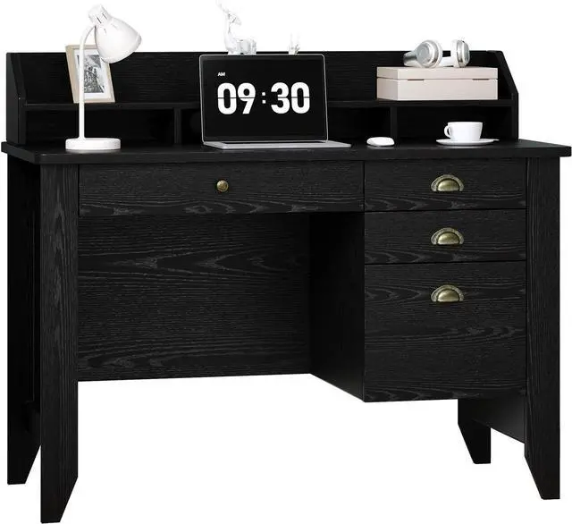 Alt view image 7 of 7 - Black Desk with Drawers, Small Computer Desk with File Drawer & Hutch for Small Ses, Home Office Desks Writing Study Table with Monitor Stand, Black