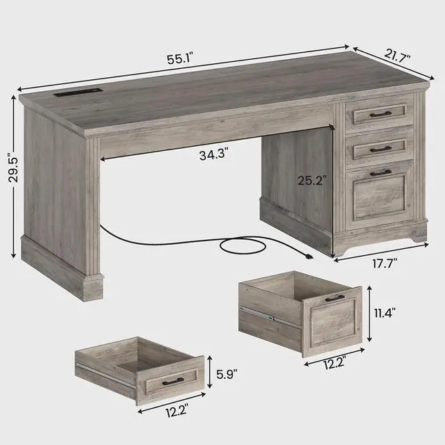 Alt view image 2 of 7 - SEDETA Executive Office Desk with 3 Drawers, Farmhouse 55" Computer Desk with Storage File Drawers & Power Outlet for Home Office, Grey