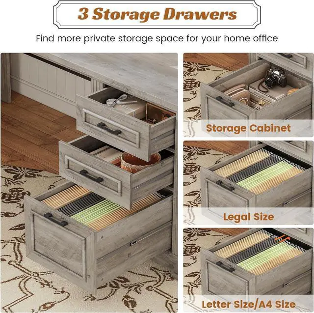 Alt view image 4 of 7 - SEDETA Executive Office Desk with 3 Drawers, Farmhouse 55" Computer Desk with Storage File Drawers & Power Outlet for Home Office, Grey