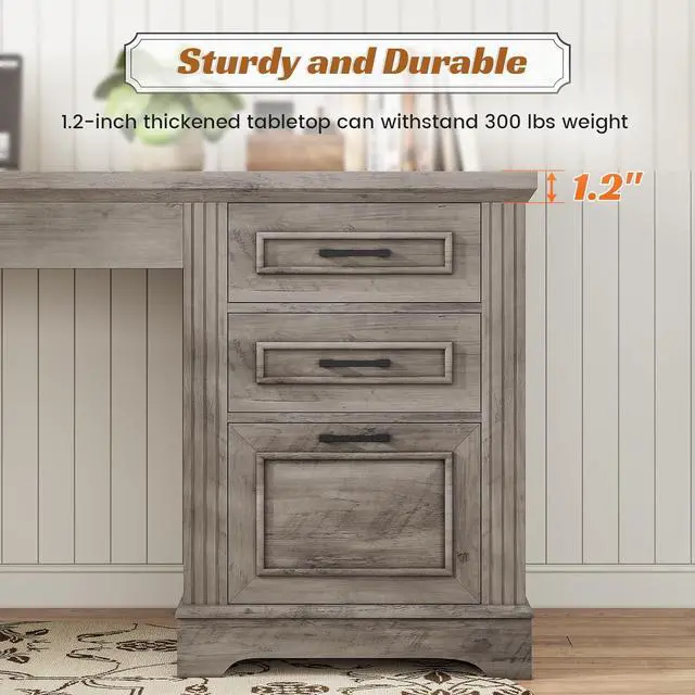 Alt view image 7 of 7 - SEDETA Executive Office Desk with 3 Drawers, Farmhouse 55" Computer Desk with Storage File Drawers & Power Outlet for Home Office, Grey