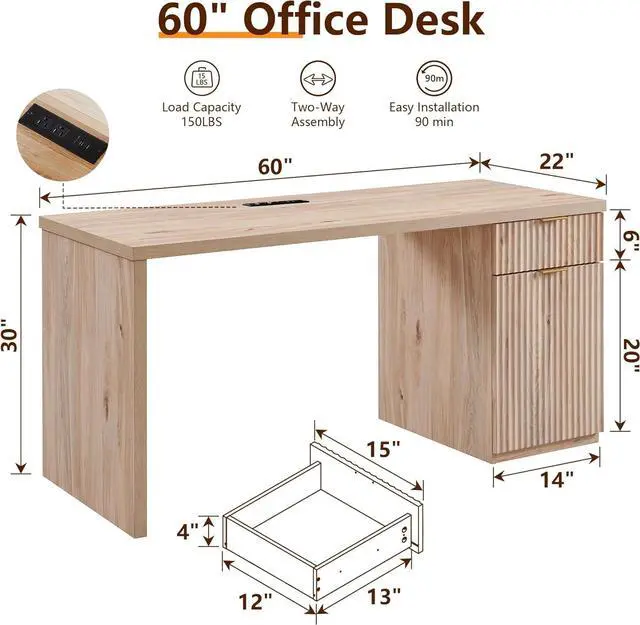 Alt view image 2 of 6 - 60" Modern Executive Desk with Storage, Wood Home Office Desk with Drawer & Cabinet, Fluted Computer Writing Desk for Study, Living Room, Bedroom, Oak