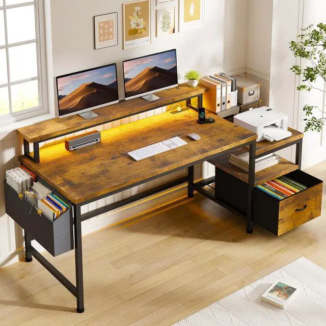 Main image of EnHomee 57" Office Desk with Drawers and Printer Space,Computer Desk with Power Outlets,Home Office Desks with File Drawers Cabinet,Study and Gaming Desk with Shelves Monitor Stand,Rustic Brown