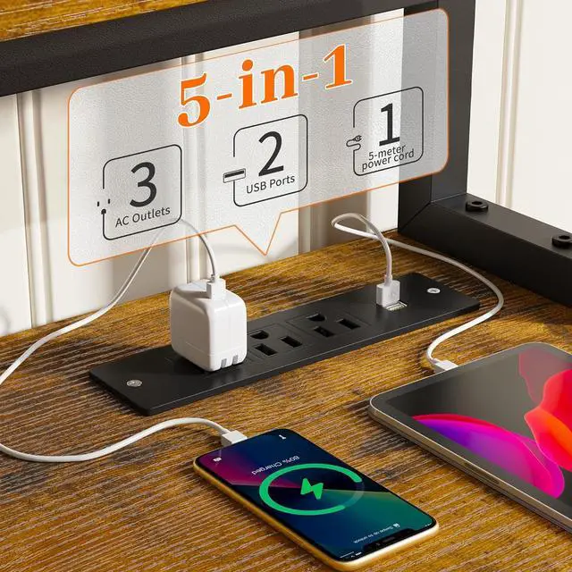 Alt view image 4 of 7 - EnHomee 57" Office Desk with Drawers and Printer Space,Computer Desk with Power Outlets,Home Office Desks with File Drawers Cabinet,Study and Gaming Desk with Shelves Monitor Stand,Rustic Brown