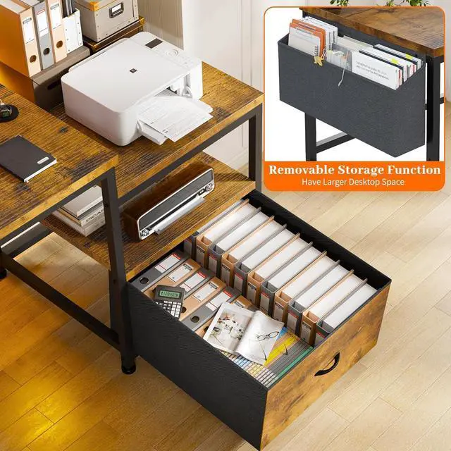 Alt view image 3 of 7 - EnHomee 57" Office Desk with Drawers and Printer Space,Computer Desk with Power Outlets,Home Office Desks with File Drawers Cabinet,Study and Gaming Desk with Shelves Monitor Stand,Rustic Brown