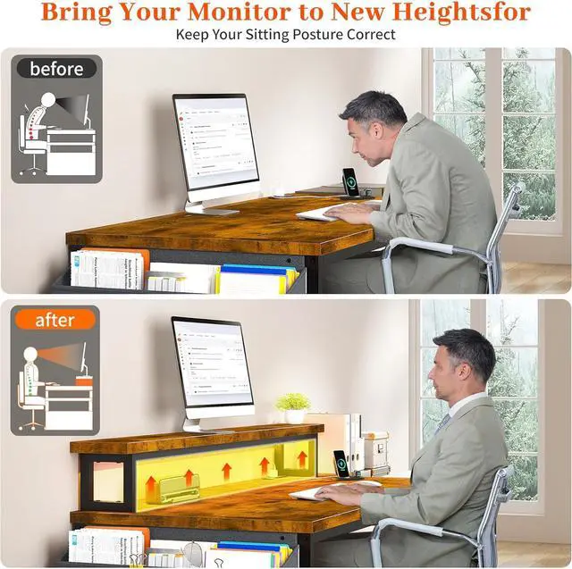 Alt view image 5 of 7 - EnHomee 57" Office Desk with Drawers and Printer Space,Computer Desk with Power Outlets,Home Office Desks with File Drawers Cabinet,Study and Gaming Desk with Shelves Monitor Stand,Rustic Brown