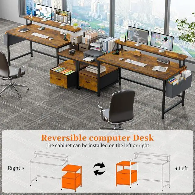 Alt view image 6 of 7 - EnHomee 57" Office Desk with Drawers and Printer Space,Computer Desk with Power Outlets,Home Office Desks with File Drawers Cabinet,Study and Gaming Desk with Shelves Monitor Stand,Rustic Brown