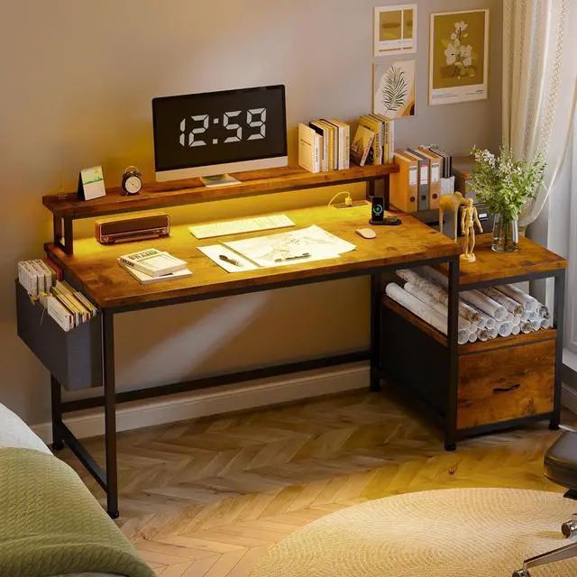 Alt view image 7 of 7 - EnHomee 57" Office Desk with Drawers and Printer Space,Computer Desk with Power Outlets,Home Office Desks with File Drawers Cabinet,Study and Gaming Desk with Shelves Monitor Stand,Rustic Brown