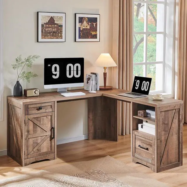 Main image of Home Office Desk, Modern Farmhouse Computer Desk with File Cabinet Letter T4 F4 Legal, Study Writing Desk, 59 Inch, Warm Brown