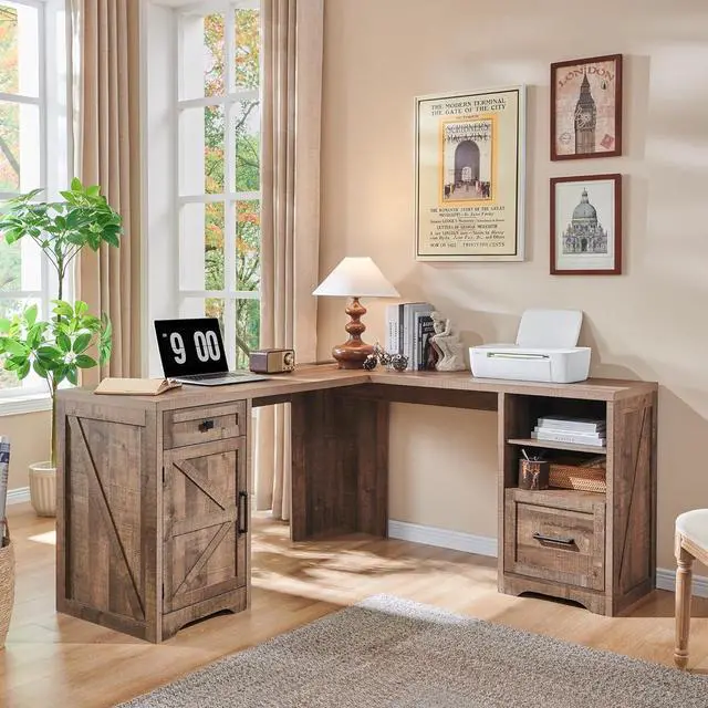 Alt view image 3 of 5 - Home Office Desk, Modern Farmhouse Computer Desk with File Cabinet Letter T4 F4 Legal, Study Writing Desk, 59 Inch, Warm Brown