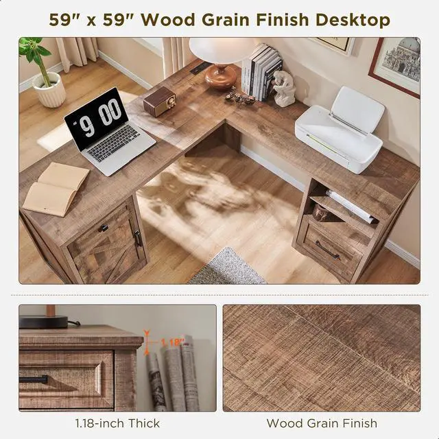 Alt view image 4 of 5 - Home Office Desk, Modern Farmhouse Computer Desk with File Cabinet Letter T4 F4 Legal, Study Writing Desk, 59 Inch, Warm Brown