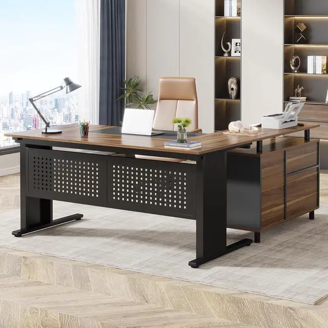 Main image of Tribesigns 63 Inch Executive Desk with File Cabinet, Large Office Desk L Shaped Computer Desk with Drawers and Storage Shelves, Business Furniture Desk Workstation for Home Office, Brown and Black