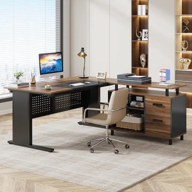 Alt view image 3 of 7 - Tribesigns 63 Inch Executive Desk with File Cabinet, Large Office Desk L Shaped Computer Desk with Drawers and Storage Shelves, Business Furniture Desk Workstation for Home Office, Brown and Black