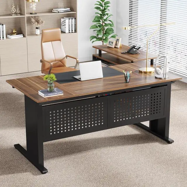 Alt view image 6 of 7 - Tribesigns 63 Inch Executive Desk with File Cabinet, Large Office Desk L Shaped Computer Desk with Drawers and Storage Shelves, Business Furniture Desk Workstation for Home Office, Brown and Black