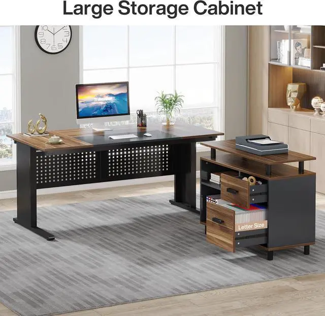 Alt view image 7 of 7 - Tribesigns 63 Inch Executive Desk with File Cabinet, Large Office Desk L Shaped Computer Desk with Drawers and Storage Shelves, Business Furniture Desk Workstation for Home Office, Brown and Black