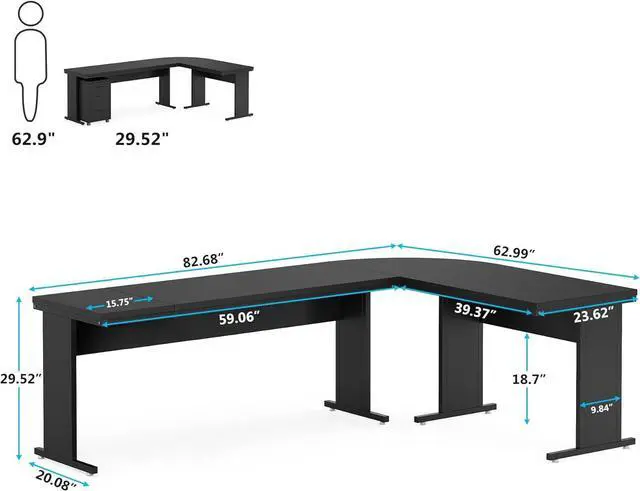 Alt view image 2 of 7 - L-Shaped Executive Desk, Large Office Desk with 3-Drawer File Cabinet, Industrial Corner Computer Table with Drawers, Business Workstation for Home Office (Black, 83")