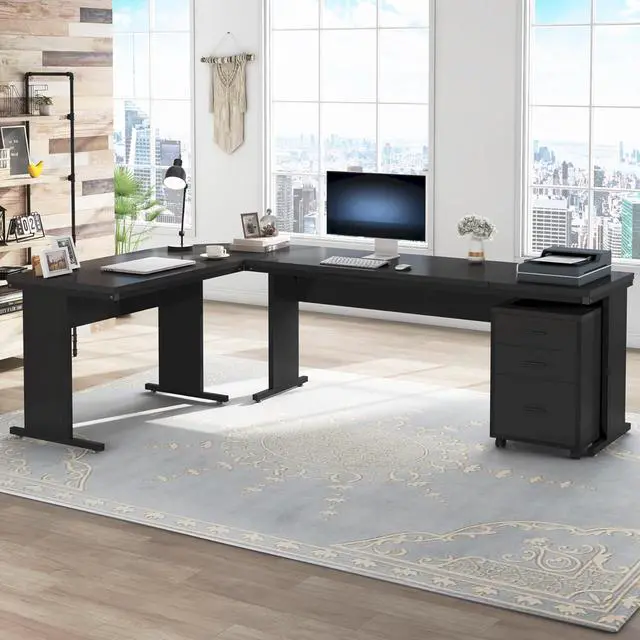 Alt view image 3 of 7 - L-Shaped Executive Desk, Large Office Desk with 3-Drawer File Cabinet, Industrial Corner Computer Table with Drawers, Business Workstation for Home Office (Black, 83")
