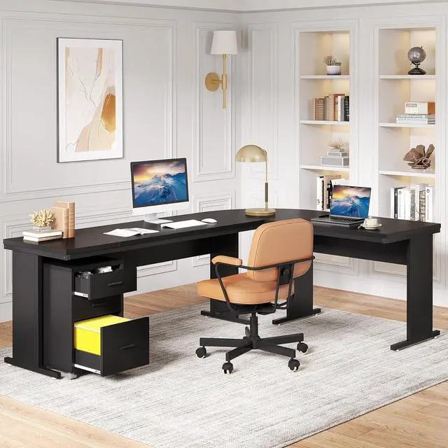 Alt view image 4 of 7 - L-Shaped Executive Desk, Large Office Desk with 3-Drawer File Cabinet, Industrial Corner Computer Table with Drawers, Business Workstation for Home Office (Black, 83")